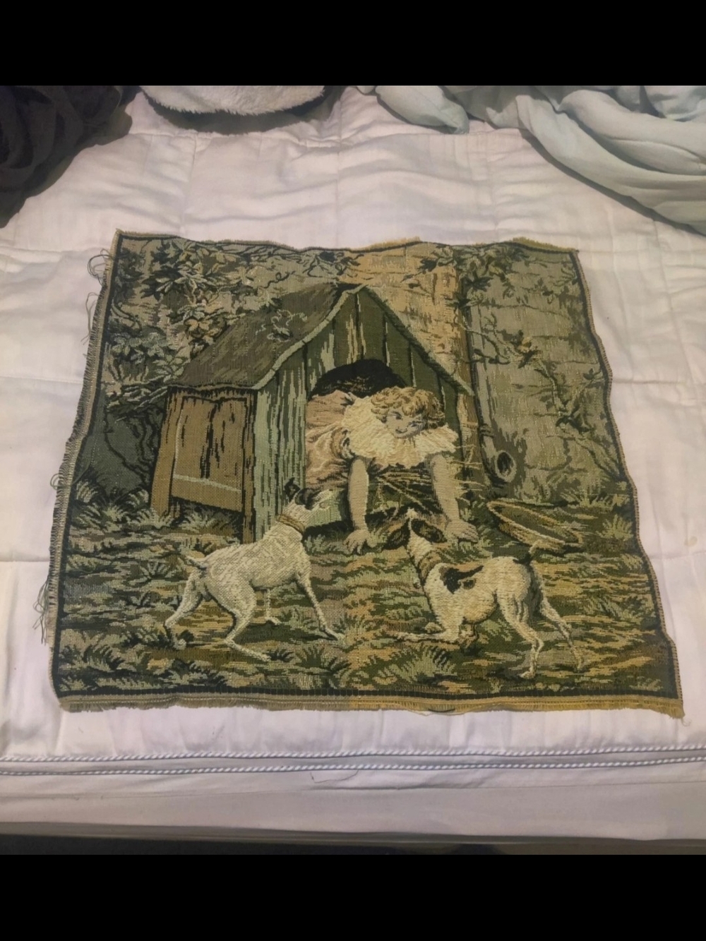 Vintage Embroidered Tapestry Panel with Dogs and Cottage